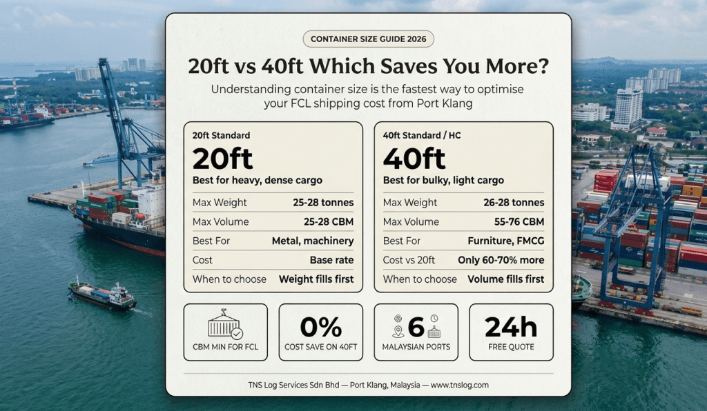20ft vs 40ft Container Size Guide Malaysia 2026 — FCL Shipping rates malaysia Comparison by TNS Log Services Port Klang