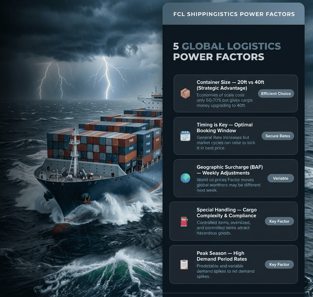 Container size comparison infographic for FCL shipping in Malaysia 2026. Shows 20ft standard container (25-28 tonnes, 25-28 CBM, best for metal and machinery) vs 40ft standard and high-cube container (55-76 CBM, best for furniture and FMCG). TNS Log Services Port Klang — 6 Malaysian ports covered.