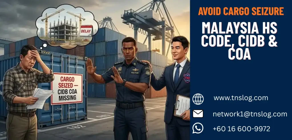 Frustrated importer at Port Klang with cargo seized due to missing CIDB COA — Malaysian customs officer blocking container while Cargo seized at Port Klang — CIDB COA missing — TNS Logistics solving the problem
