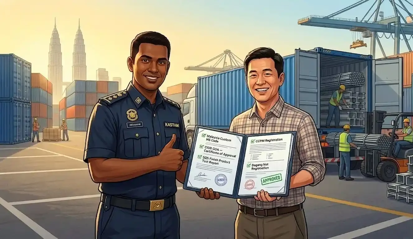 Malaysian customs officer approving complete CIDB COA documents at Port Klang with construction materials being unloaded from container in background