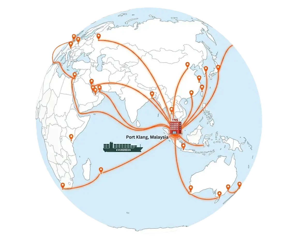 Global freight forwarding shipping routes connecting Malaysia to worldwide destinations