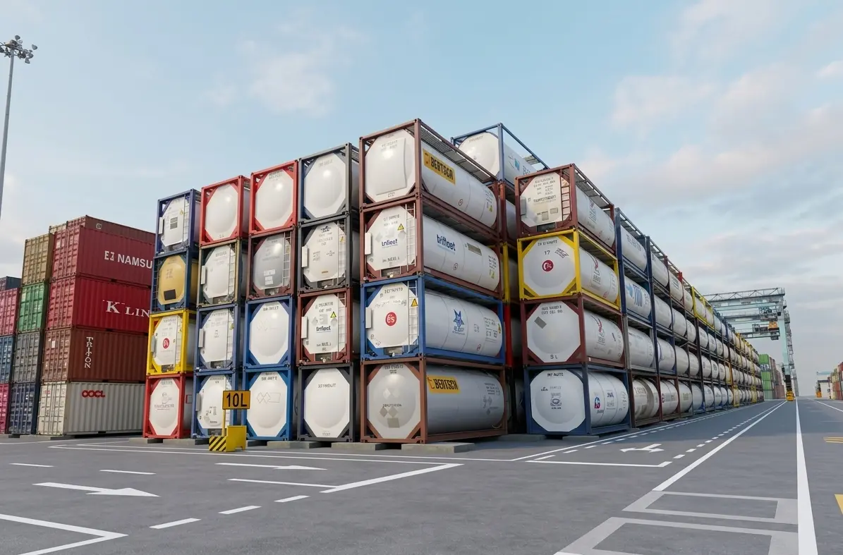 ISO tank containers and shipping containers stacked at logistics terminal freight forwarder port klang