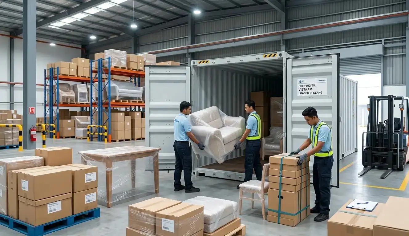 Furniture export Malaysia logistics team loading container safely TNS LOG