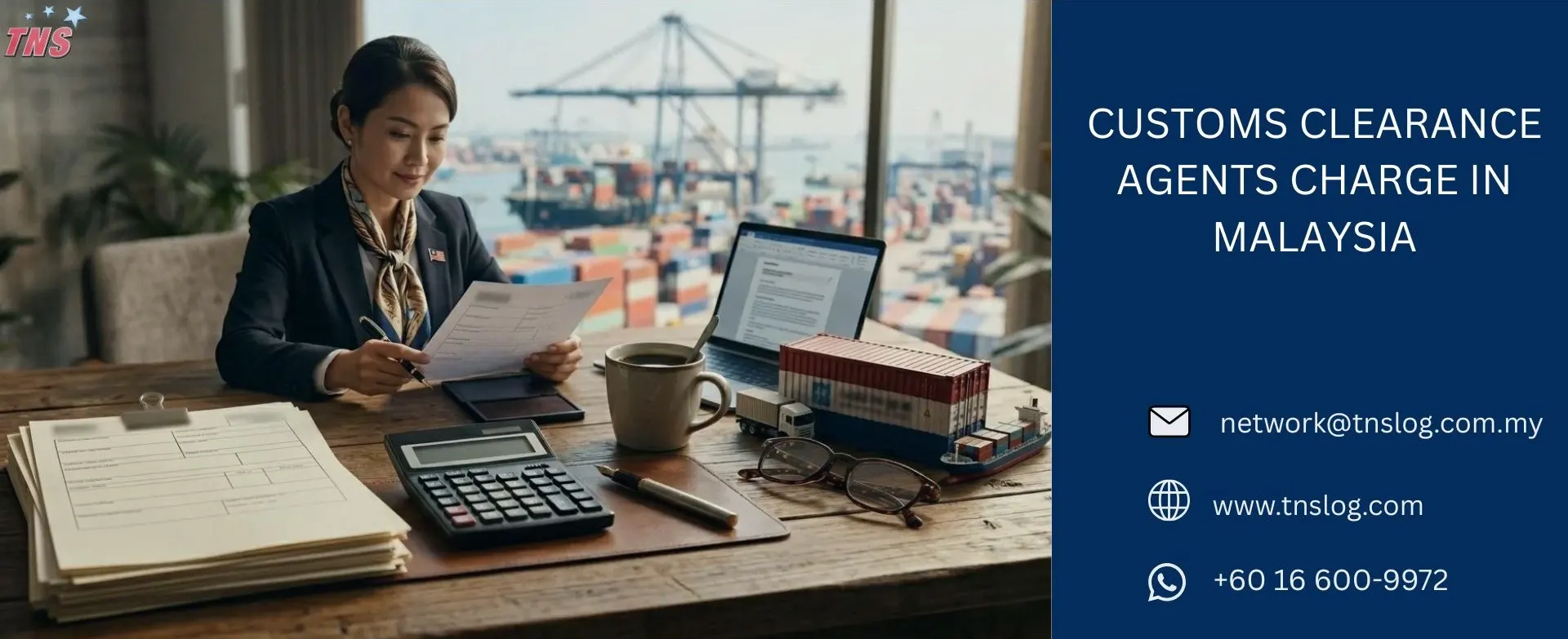 Customs clearance agent desk with documents, stamp and calculator at Port Klang Malaysia showing import charges work