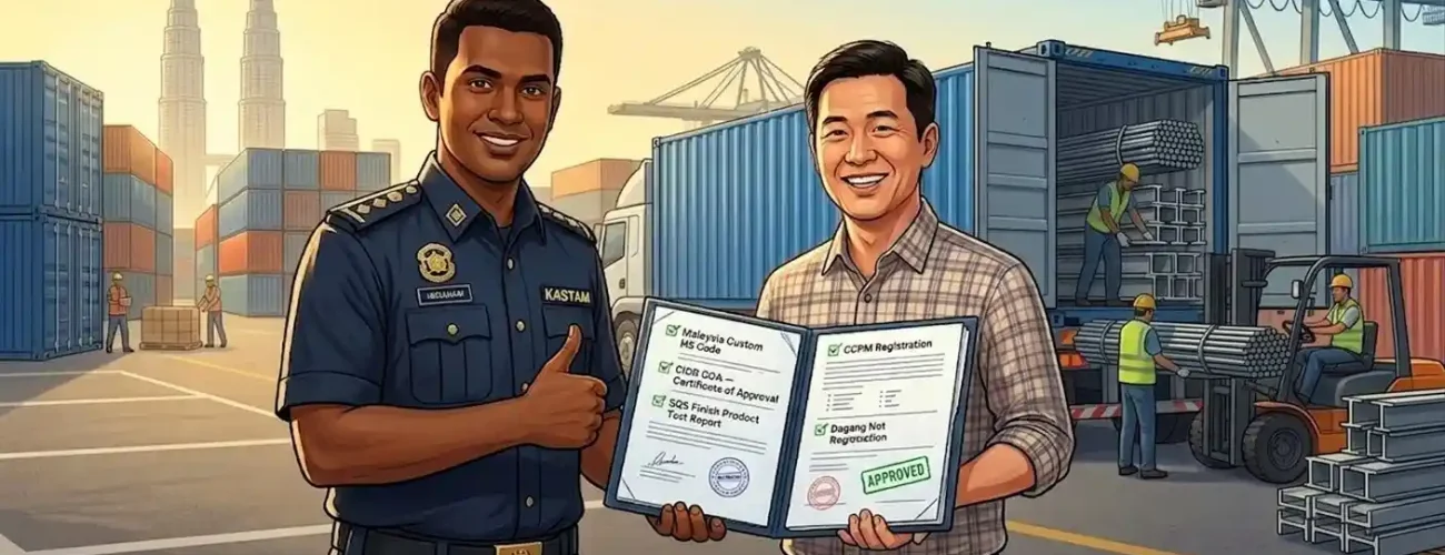 Malaysian customs officer approving complete CIDB COA documents at Port Klang with construction materials being unloaded from container in background