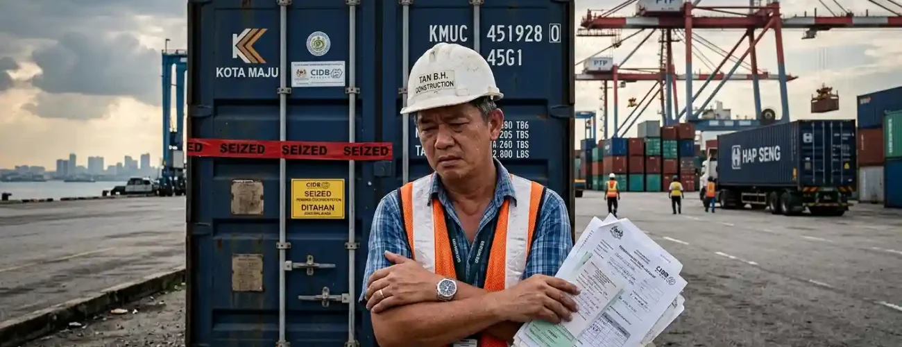 Construction contractor holding CIDB documents standing in front of seized container at Port Klang Malaysia — cargo held due to missing CIDB COA approval